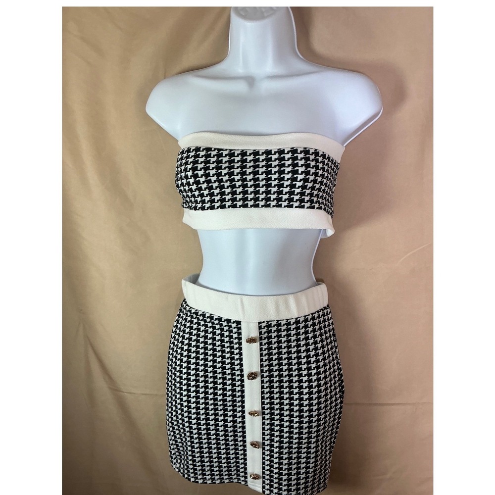 Houndstooth‎ 2-Piece Set Womens S Black White Excellent Bandeau Top Mini Skirt